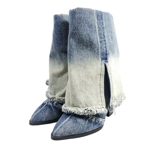 Blue Faded Denim Fringe Fashion Boots Womens Size 6 Textile - Picture 2 of 9